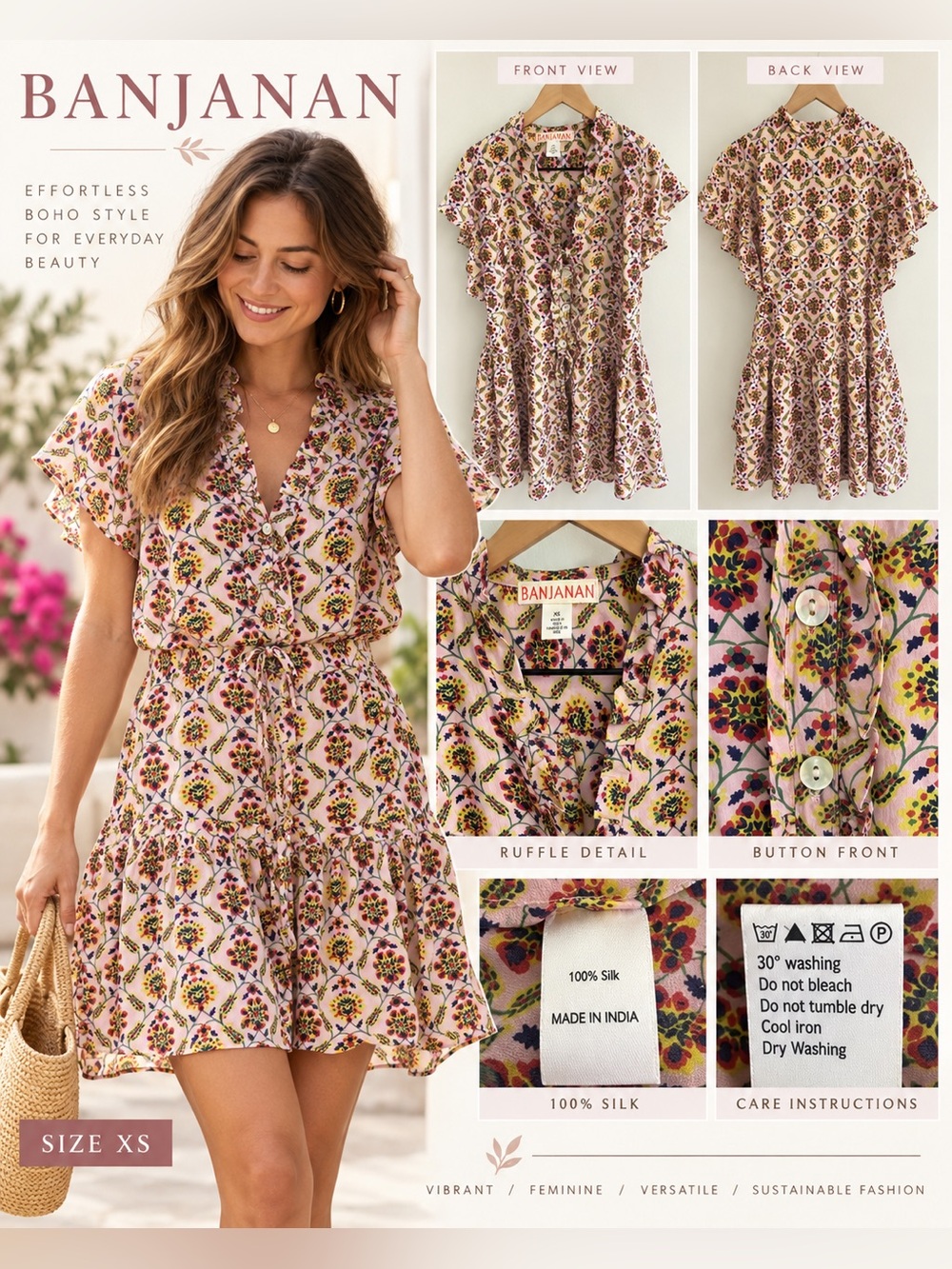 Banjanan 100% Silk Floral Ruffle Mini Dress XS Pink Boho